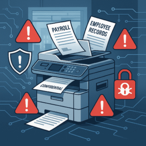 Office printer with warning icons representing compliance and data security risks.